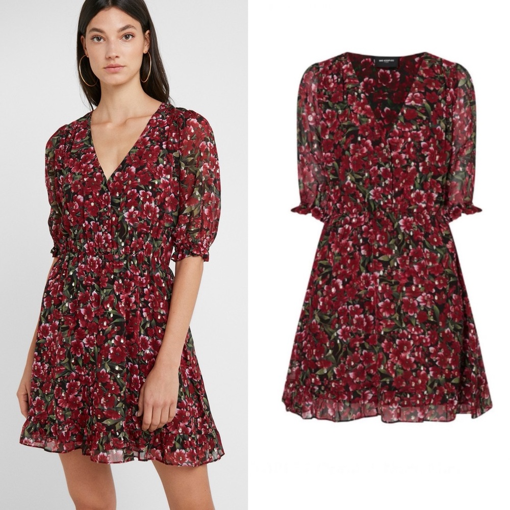 The Kooples Floral and Metallic Dot Dress Mini Red/Black Gold Metallic Sz 3 (LG)